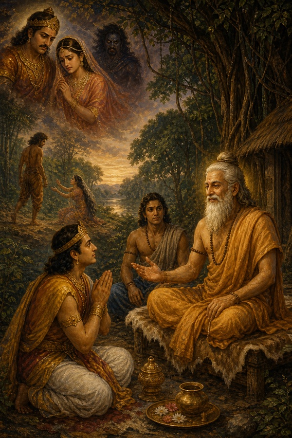 ऋषि बृहदश्व वन में हाथ जोड़े बैठे युधिष्ठिर को नल और दमयन्ती की कथा सुनाते हुए।