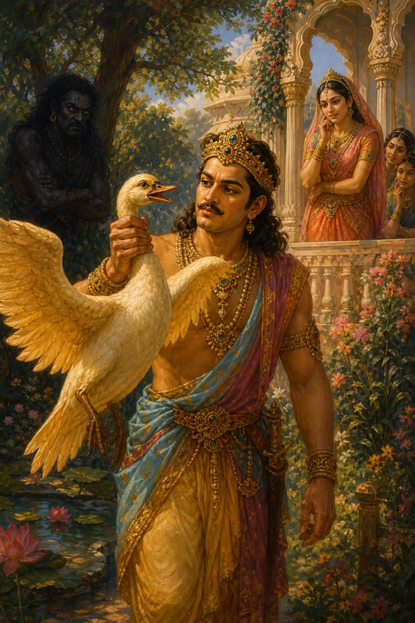 उद्यान में नल स्वर्ण पंखों वाले हंस को थामे हुए, झरोखे से स्त्रियां निहारतीं, वृक्ष की ओट में काली छाया।