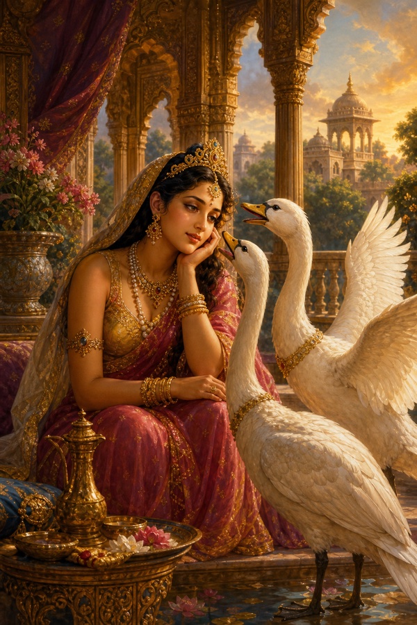 महल की छत पर दमयन्ती हंसों से घिरी बैठीं, एक हंस उनसे नल का संदेश कहता हुआ।
