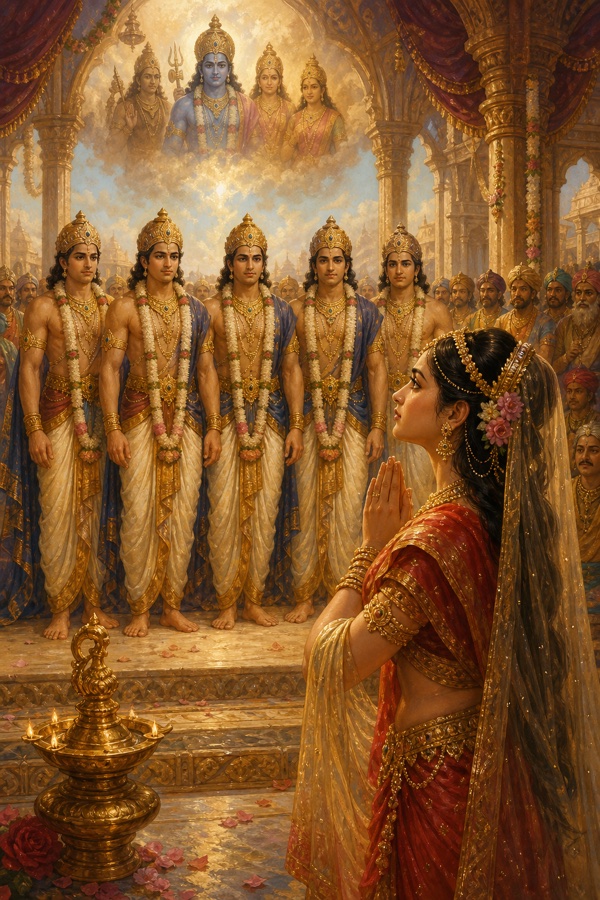 स्वयंवर सभा में दमयन्ती हाथ जोड़े एक जैसे दिखते पांच नलों के आगे खड़ी हुईं।
