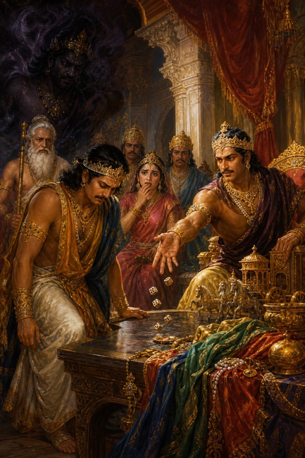 द्यूत सभा में पुष्कर पासे फेंकता हुआ, हारते नल के ऊपर कलि की काली छाया मंडराती।