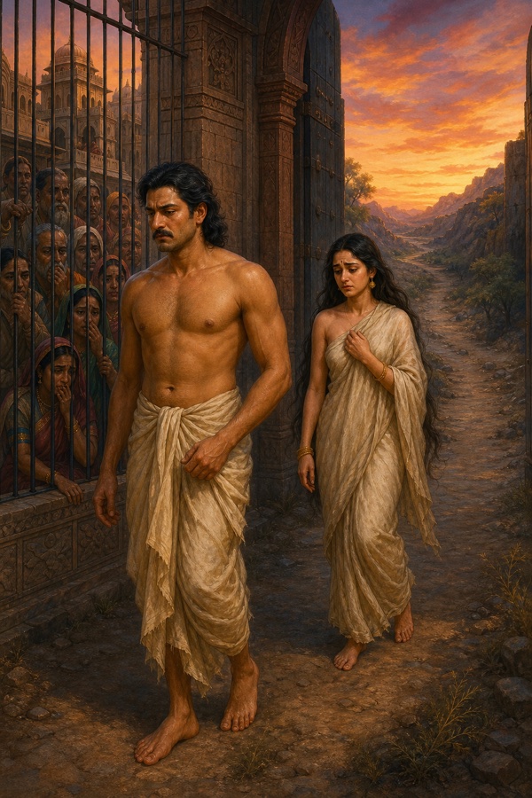 राज्य हारकर नल और दमयन्ती एक-एक वस्त्र में नगर द्वार से निकलते, नगरवासी शोक में देखते हुए।