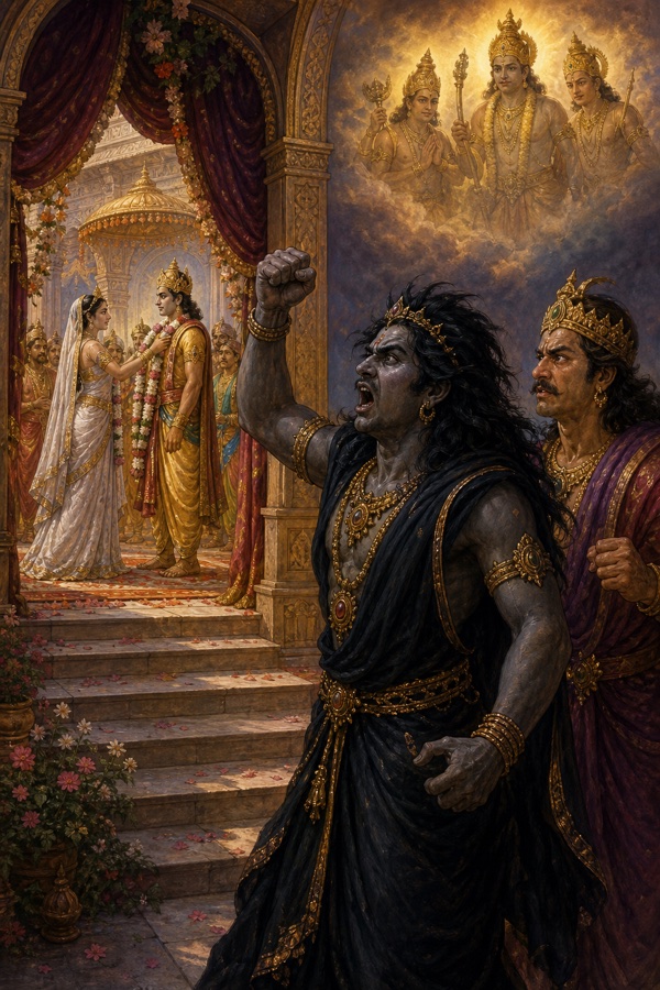 विवाह मंडप के बाहर कलि क्रोध में मुट्ठी ताने, भीतर दमयन्ती नल को वरमाला पहनाती हुई।