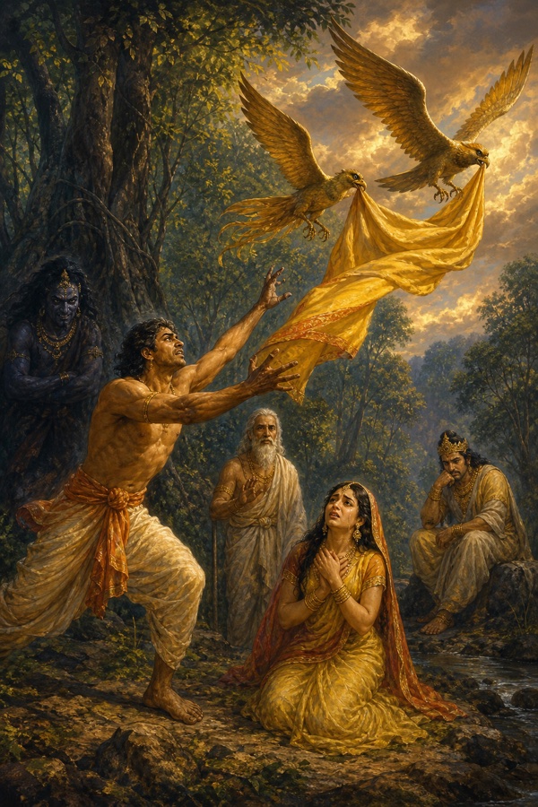 सुनहरे पक्षी नल का एकमात्र वस्त्र लेकर उड़ते हुए, नल उछलकर उसे पकड़ने की चेष्टा में।