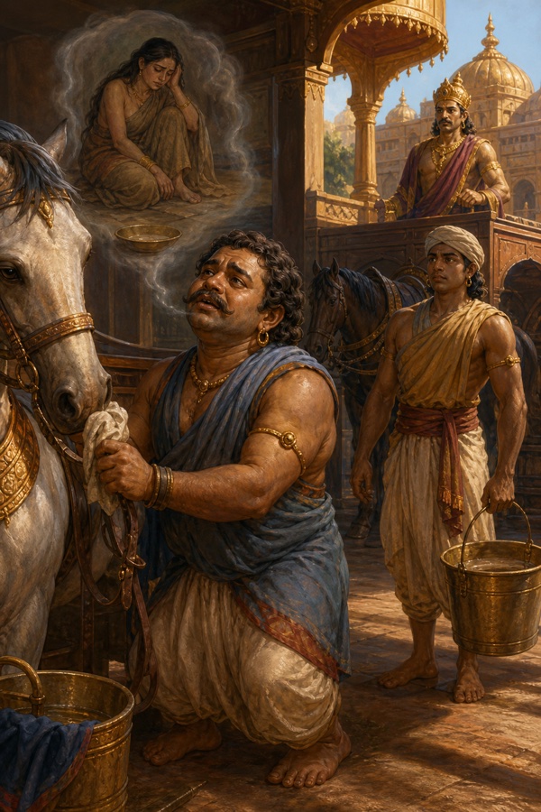 बहुक बने नल अश्वशाला में घोड़े को सहलाते हुए दमयन्ती की स्मृति में खोए, पीछे राजा ऋतुपर्ण।