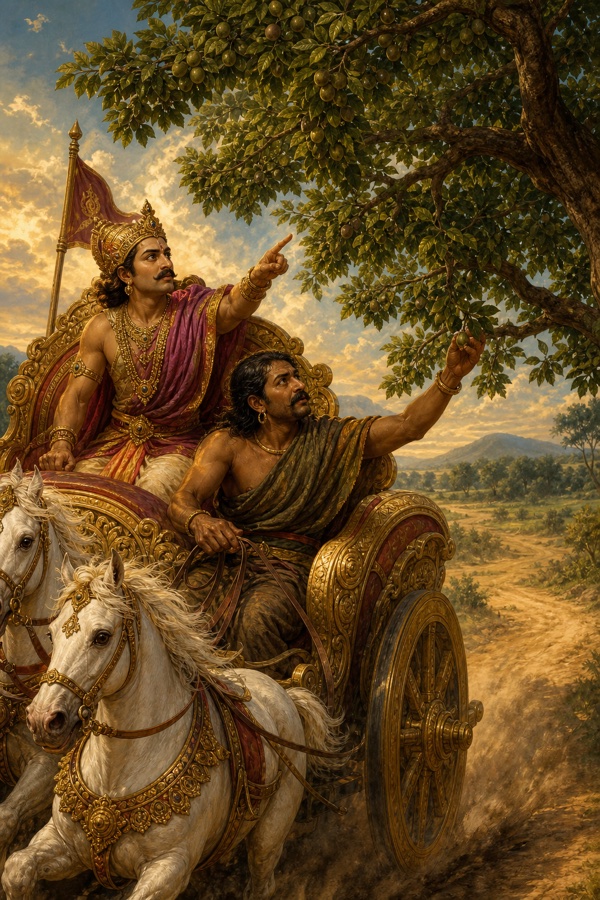 द्रुत रथ पर राजा ऋतुपर्ण वृक्ष के पत्ते-फल गिनने की विद्या दिखाते हुए, सारथी बहुक हाथ बढ़ाए।