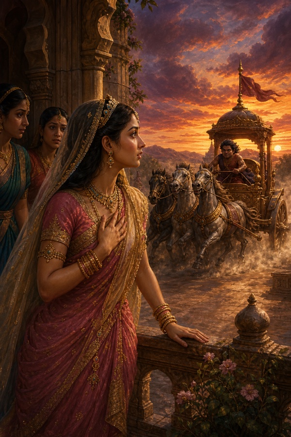 झरोखे में खड़ी दमयन्ती रथ की परिचित गड़गड़ाहट पहचानकर संध्या में आते रथ को देखती हुई।