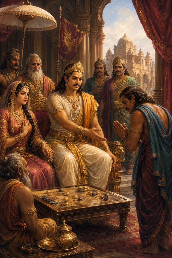 द्यूत में राज्य पुनः जीते नल सिंहासन से झुके पुष्कर की ओर क्षमा का हाथ बढ़ाते, संग दमयन्ती।