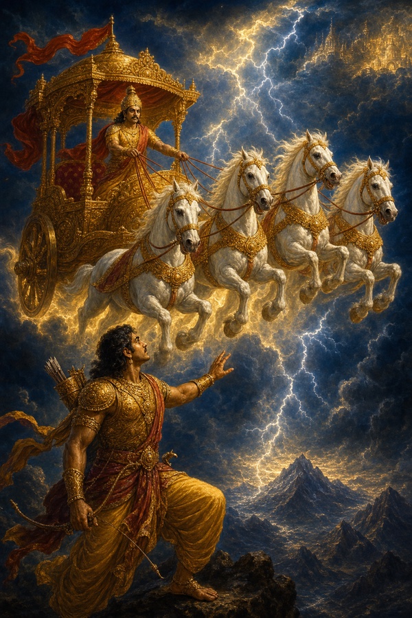बिजलियों से भरे आकाश से उतरते इंद्र के स्वर्ण रथ की ओर पर्वत पर खड़े अर्जुन हाथ बढ़ाए।