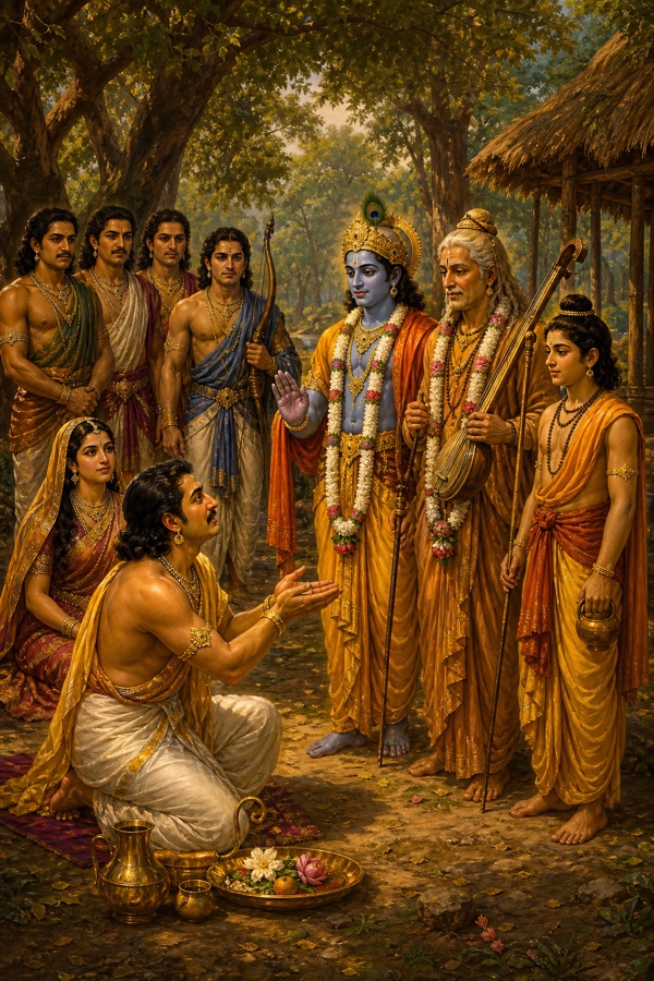 वन में युधिष्ठिर हाथ पसारे कृष्ण, वीणाधारी नारद और मुनियों का स्वागत करते, पीछे पांडव और द्रौपदी।