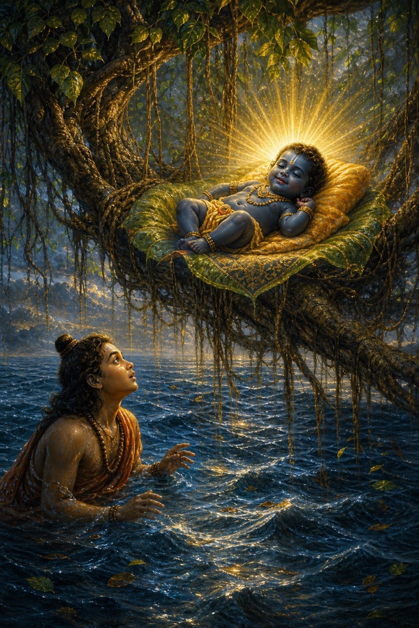 जल के बीच वट की डाल पर पत्ते में सोए तेजोमय बालक को मार्कण्डेय विस्मय से देखते।