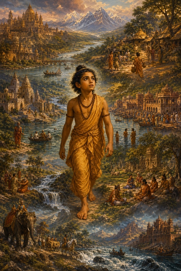 बालक के उदर में मार्कण्डेय पर्वतों, नदियों, नगरों और तीर्थों से भरा समस्त ब्रह्मांड देखते हुए।