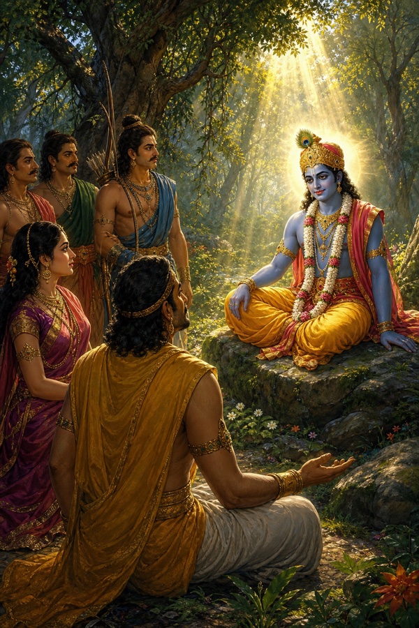 वन में शिला पर बैठे कृष्ण पांडवों और द्रौपदी से संवाद करते हुए, वृक्षों से छनती धूप।