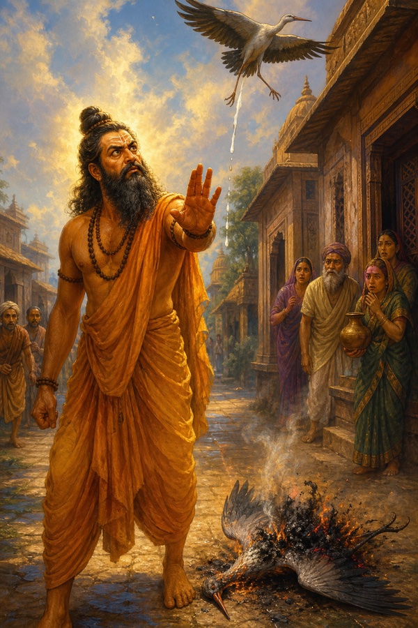 क्रोधित तपस्वी की दृष्टि से जलकर भूमि पर गिरी बगुली, ऊपर पक्षी उड़ता, ग्रामजन द्वार से देखते।
