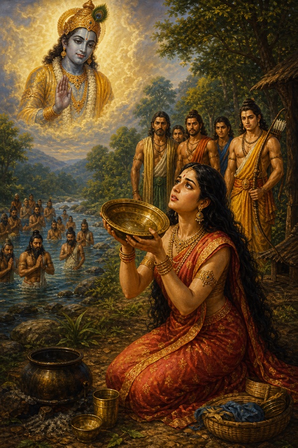 द्रौपदी अक्षय पात्र उठाए आकाश में प्रकट कृष्ण को पुकारती हुई, पीछे नदी में स्नान करते ऋषि।