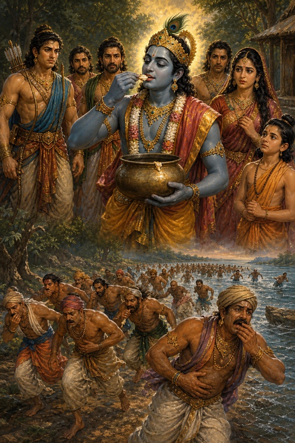 कृष्ण अक्षय पात्र का बचा एक अन्न-कण मुख में रखते, नीचे नदी से ऋषिगण तृप्त होकर लौटते।