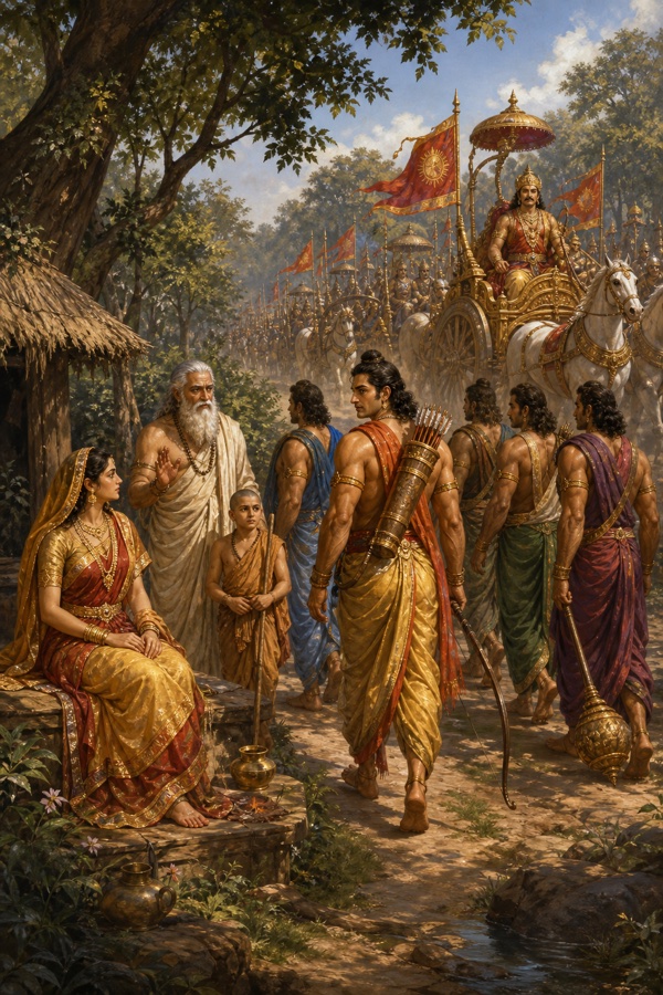 पांडव धनुष लिए वन में आखेट को जाते, कुटिया के आगे बैठी द्रौपदी, दूर जयद्रथ की सवारी आती।