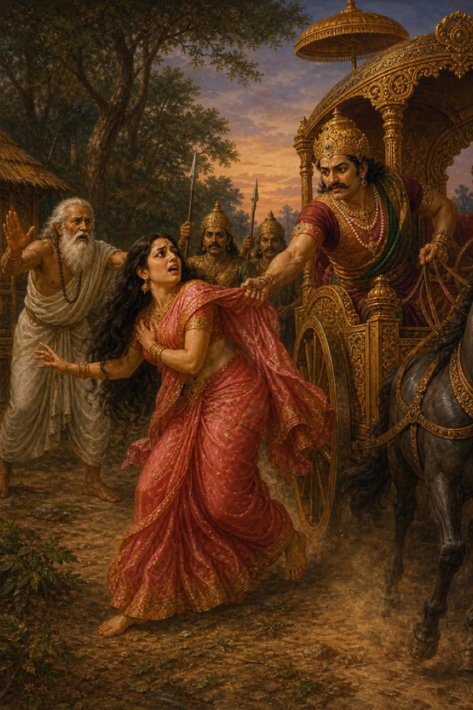 रथ से झुककर जयद्रथ द्रौपदी की कलाई खींचता हुआ, वृद्ध पुरोहित धौम्य हाथ उठाकर रोकते।