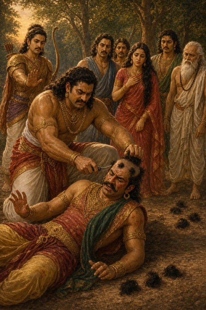भूमि पर पड़े जयद्रथ के केश काटकर भीम पांच चोटियां छोड़ते हुए, पांडव और द्रौपदी देखते।