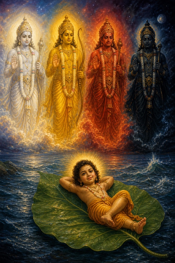 वटपत्र पर लेटे दिव्य बालक के ऊपर चार युगों के श्वेत, पीत, रक्त और श्याम रूप।