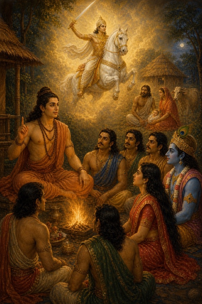 अग्नि के पास बैठे मार्कण्डेय पांडवों, द्रौपदी और कृष्ण को श्वेत अश्व पर आते कल्कि का दर्शन कराते।