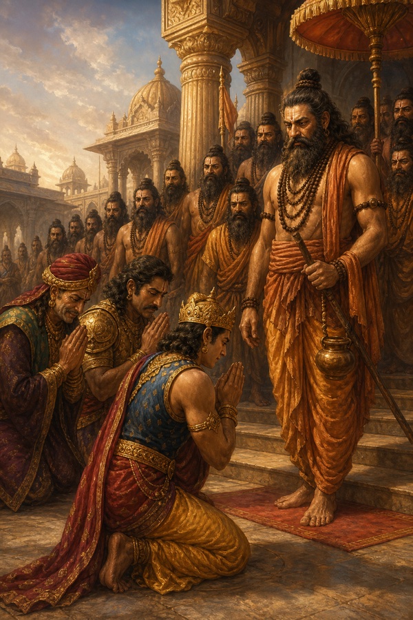 दुर्योधन साथियों समेत हाथ जोड़े झुका हुआ, सैकड़ों शिष्यों के संग पधारे दुर्वासा ऋषि के आगे।