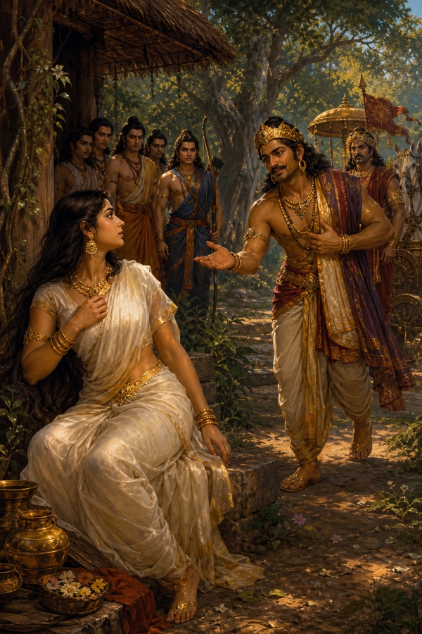 आश्रम के आगे बैठी द्रौपदी से जयद्रथ हाथ बढ़ाकर प्रणय की बात कहता, पीछे उसका दल-बल।