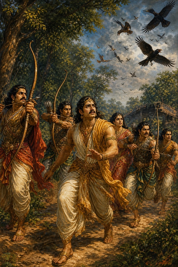 अशुभ पक्षियों से घिरे आकाश तले पांचों पांडव धनुष लिए द्रौपदी की खोज में दौड़ते हुए।