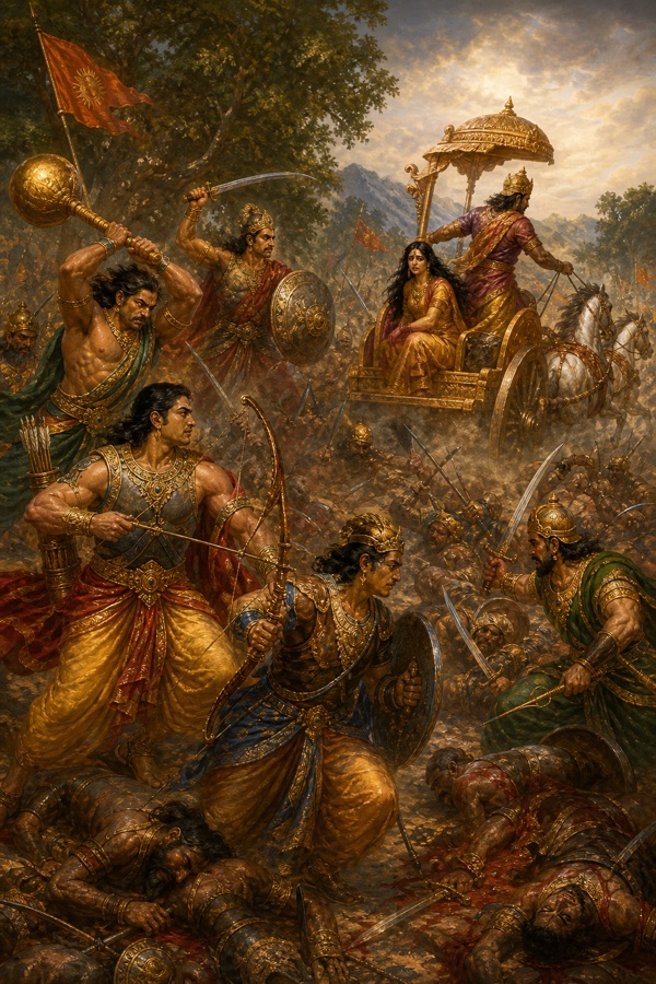 भीम गदा और अर्जुन धनुष लिए जयद्रथ की सेना को चीरते, रथ पर द्रौपदी को लिए जयद्रथ भागता।