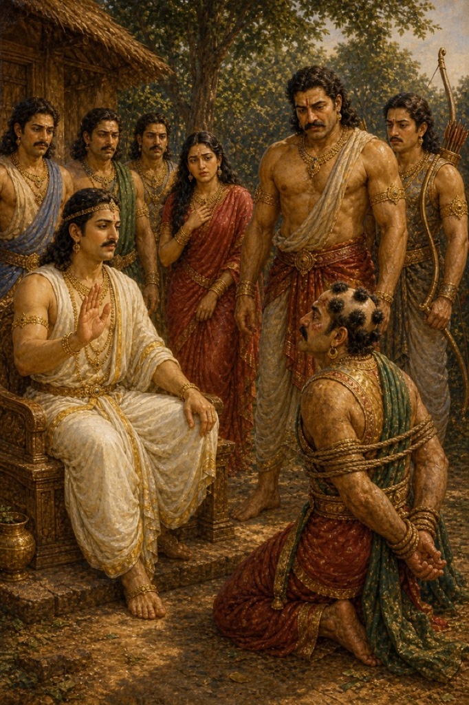 पांच चोटियों वाला रस्सियों में बंधा जयद्रथ घुटनों पर झुका, आसन पर बैठे युधिष्ठिर क्षमा का हाथ उठाए।