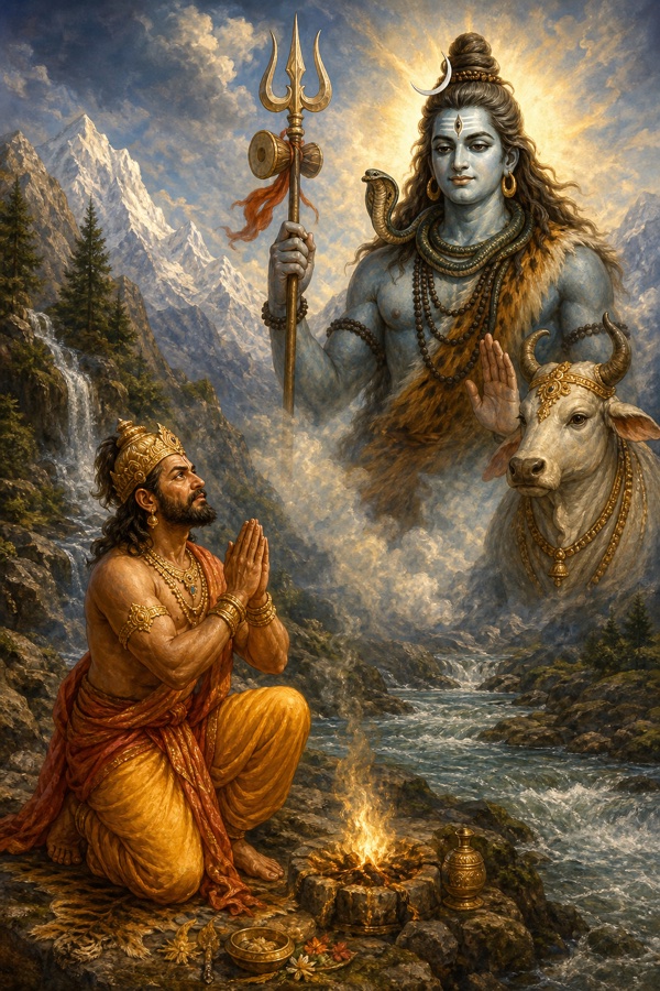 पर्वतों में हाथ जोड़े तप करते जयद्रथ के आगे त्रिशूलधारी शिव नंदी सहित प्रकट होते हुए।