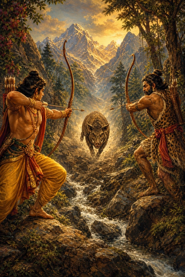 Arjuna and the Kirata hunter both loosing arrows at the same charging boar in the Himalayan slope.