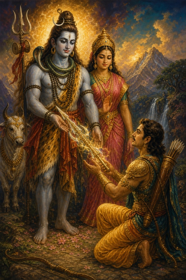 Shiva with Uma revealing his true form and handing the Pashupata weapon to the kneeling Arjuna.