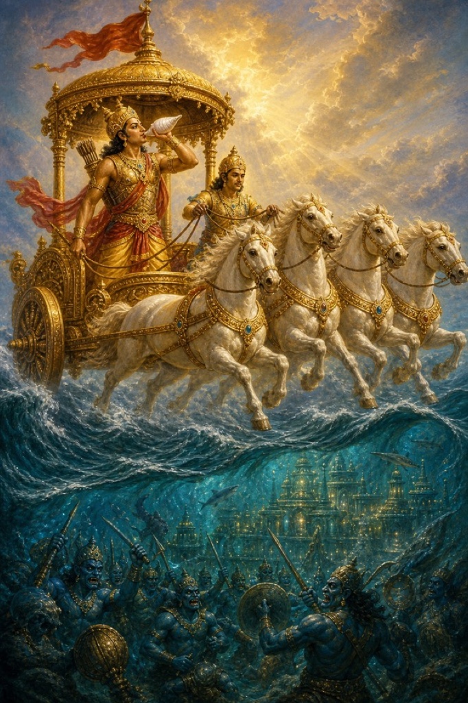 Arjuna in Indra's chariot blowing the Devadatta conch as thousands of armored Nivatakavacha demons pour from the undersea city.