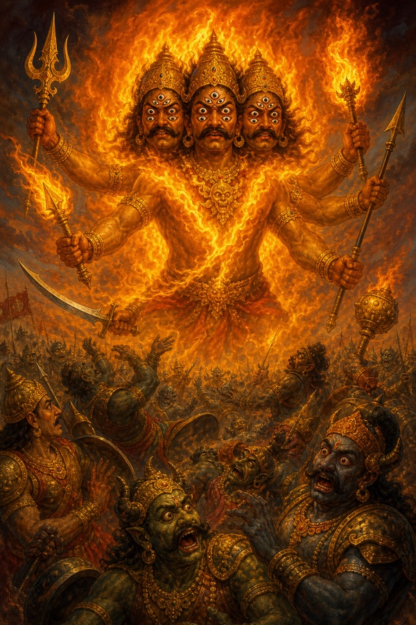 The Raudra weapon manifesting as a three-headed, nine-eyed, six-armed flaming being amid the doomed demon host.