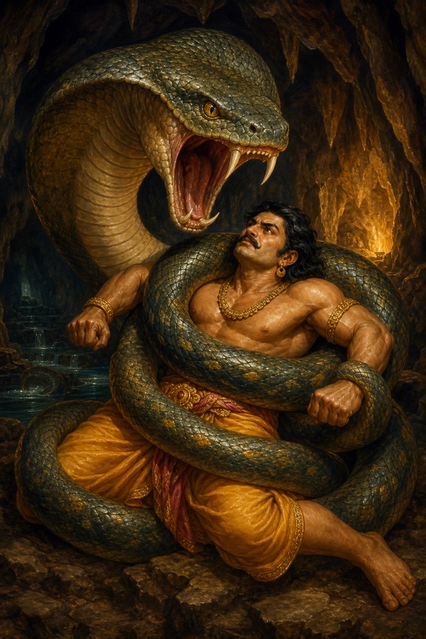 A monstrous four-fanged serpent coiling and pinning the mighty Bhima in a dark mountain cave.