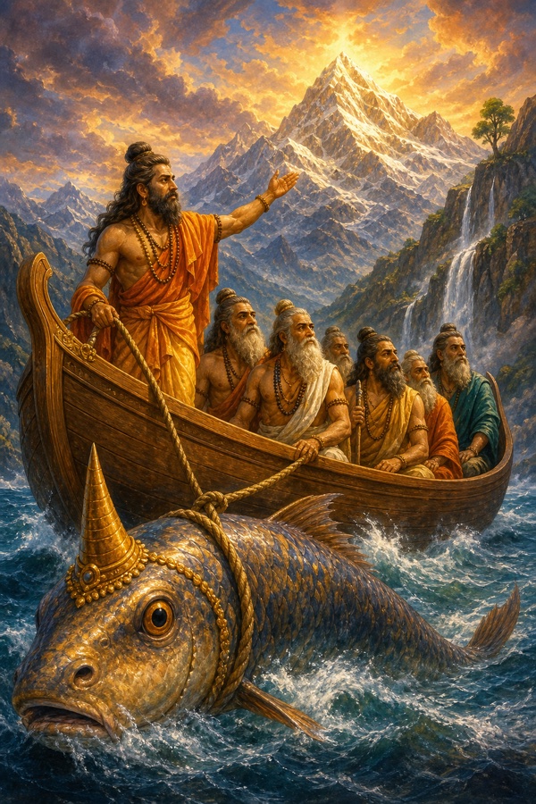 The giant horned fish towing Manu's boat with the seven sages across the flood to the Himalayan peak of Naubandhana.