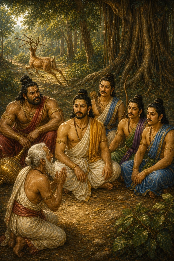 ब्राह्मण हाथ जोड़कर वन में बैठे पाँचों पांडवों से विनती करता है, पीछे हिरण अरणि लेकर भागता है।