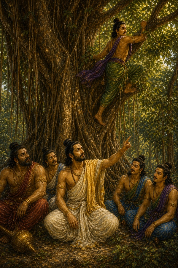 युधिष्ठिर ऊपर संकेत करते हैं और नकुल जल की खोज में ऊँचे वृक्ष पर चढ़ते हैं।