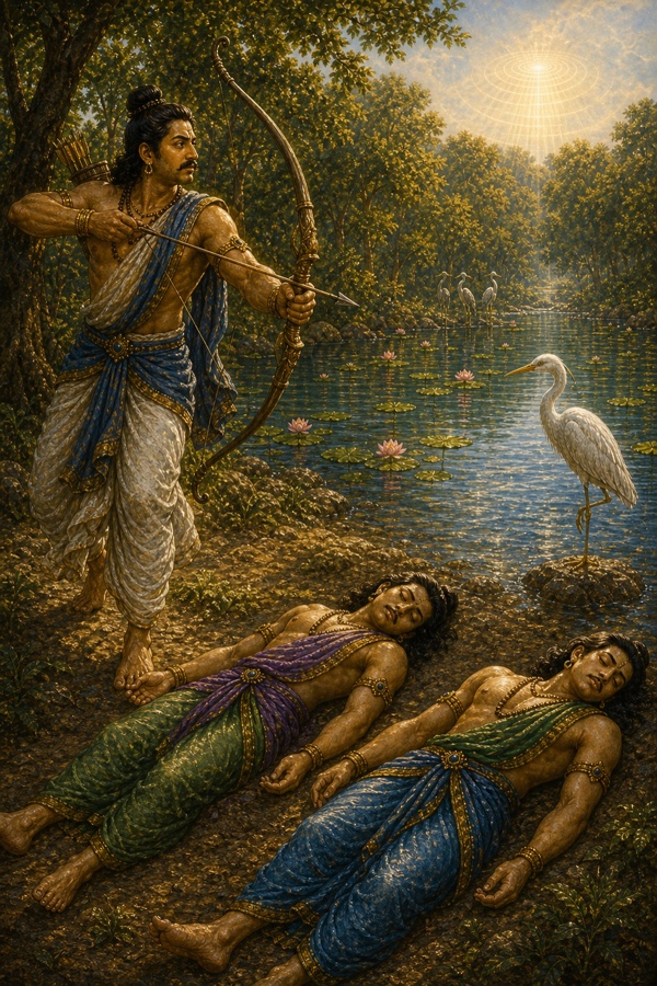 धनुष ताने एक पांडव चारों ओर देखता है, तट पर दो भाई मूर्छित पड़े हैं और बगुला खड़ा है।
