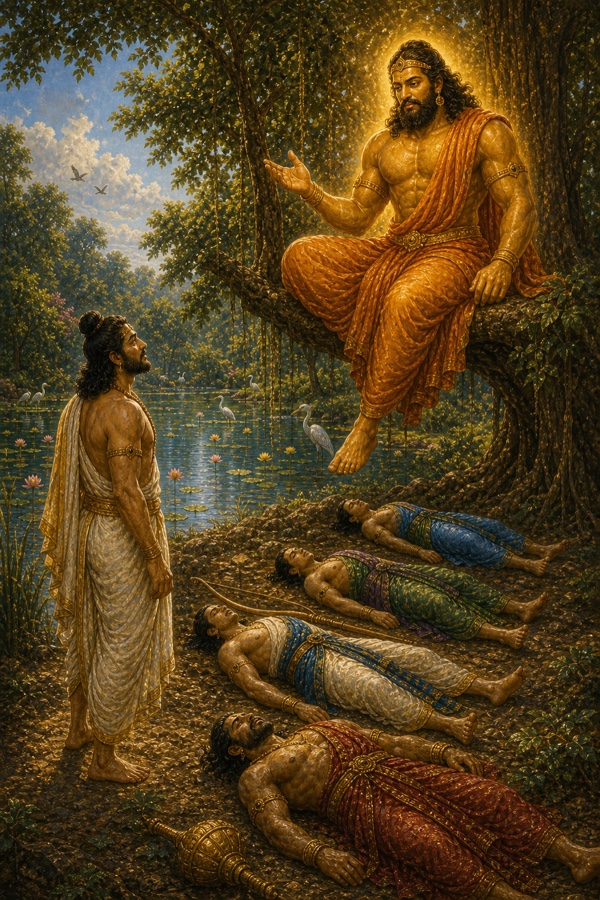 वृक्ष की डाल पर बैठा तेजस्वी यक्ष युधिष्ठिर से बोलता है, नीचे चारों भाई पड़े हैं।