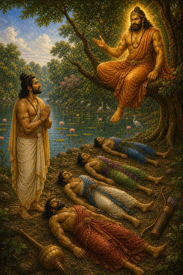 युधिष्ठिर हाथ जोड़कर डाल पर बैठे यक्ष के प्रश्नों का उत्तर देते हैं, भाई भूमि पर पड़े हैं।