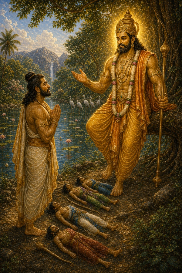 दिव्य मुकुटधारी धर्मदेव प्रकट होकर हाथ जोड़े खड़े युधिष्ठिर को आशीर्वाद देते हैं, चारों भाई भूमि पर पड़े हैं।