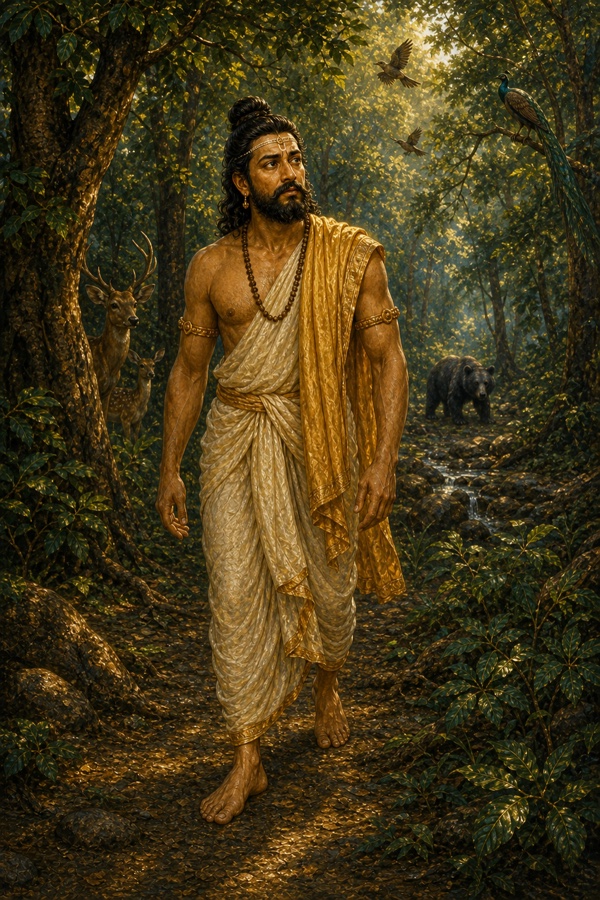 युधिष्ठिर चिंतित भाव से अकेले वन पार करते हैं, आसपास हिरण, भालू और मोर दिखते हैं।