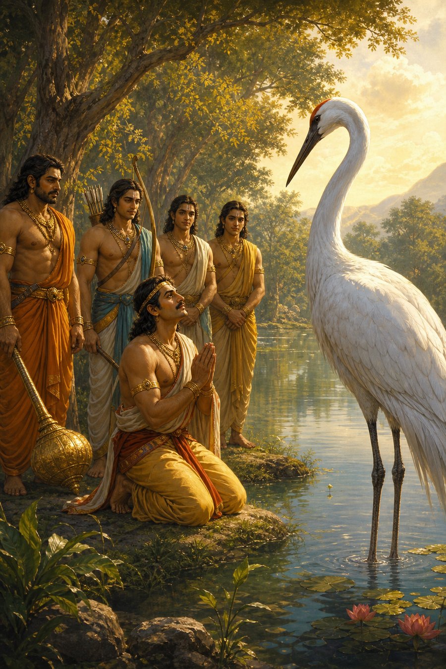 विशाल श्वेत बगुले के सम्मुख एक पांडव घुटनों पर हाथ जोड़े बैठा है, भाई पीछे खड़े हैं।