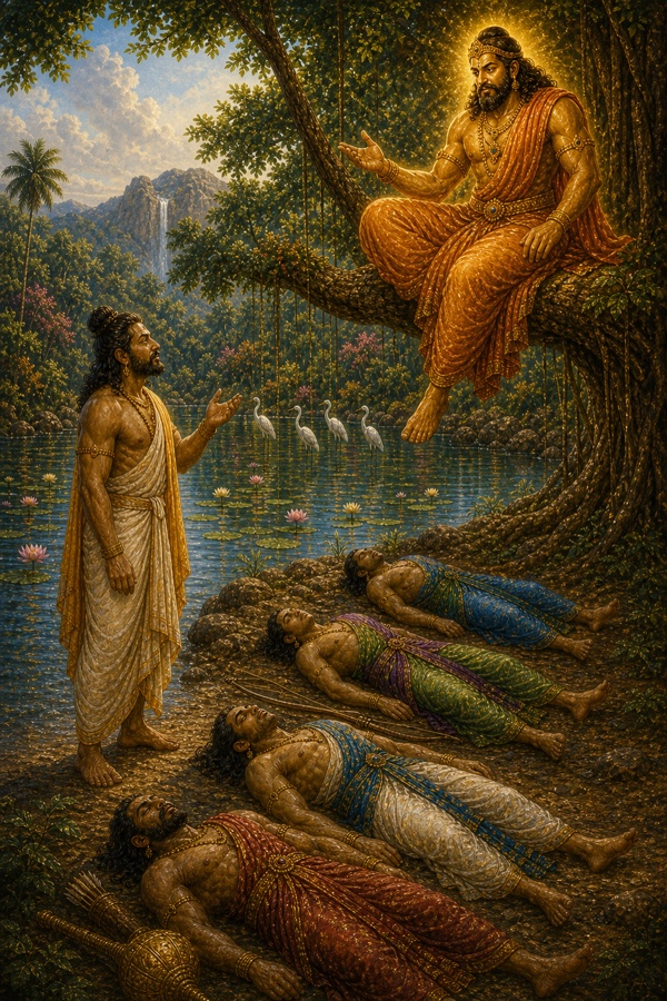 डाल पर आसीन तेजस्वी यक्ष प्रश्न पूछता है, नीचे खड़े युधिष्ठिर उत्तर देते हैं, चारों भाई भूमि पर पड़े हैं।