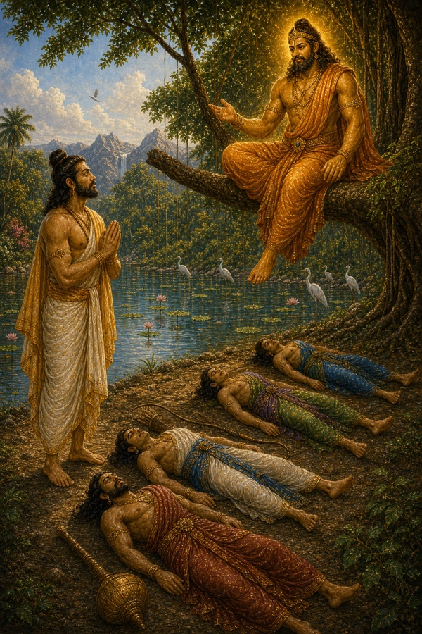 युधिष्ठिर हाथ जोड़कर वृक्ष पर बैठे यक्ष से भाइयों को जीवित करने की विनती करते हैं।