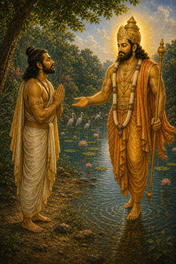 जल पर खड़े मुकुटधारी धर्मदेव युधिष्ठिर की ओर हाथ बढ़ाते हैं, युधिष्ठिर हाथ जोड़े खड़े हैं।