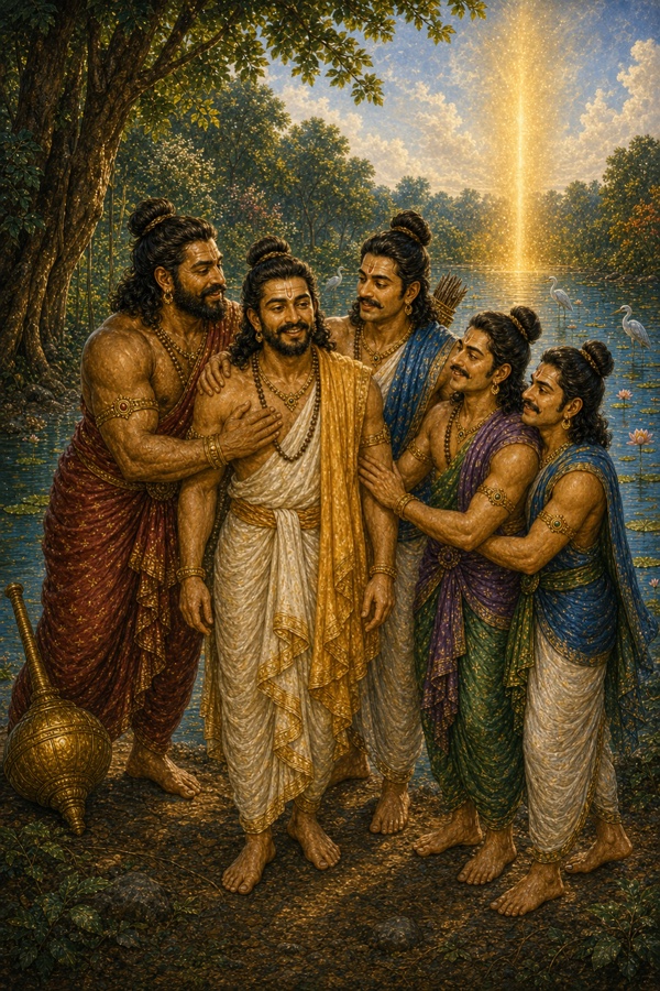 पुनर्जीवित होकर पाँचों पांडव भाई एक-दूसरे को प्रेम से गले लगाते हैं, पीछे दिव्य प्रकाश झरता है।