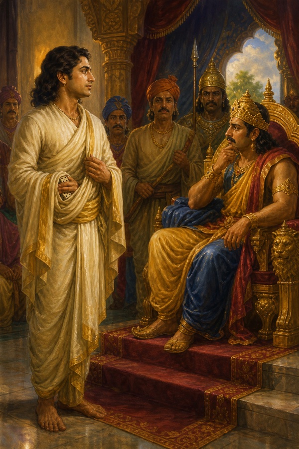 कंक बने युधिष्ठिर पासे हाथ में लिए राजा विराट के सम्मुख सभा में खड़े हैं।